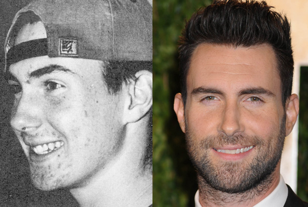 Adam Levine as a freshman at Los Angeles’ Brentwood School in 1994 and Adam Levine in 2012