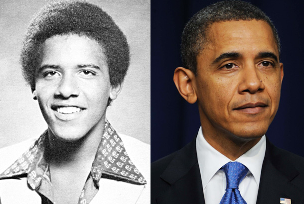 Barack (Barry) Obama in his Senior Year photo at Punahou School, Honolulu, Hawaii in 1979 and President Barack Obama meets with Prime Minister Nouri al-Maliki of Iraq at the White House in Washington, D.C. in December, 2011