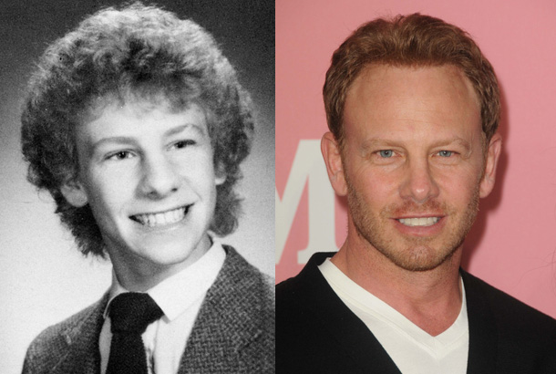 Ian Ziering in his Senior Year photo at West Orange High School, West Orange, NJ in 1982 and Ian Ziering at Jennie Garth's 40th Birthday Celebration & Premiere Party For 