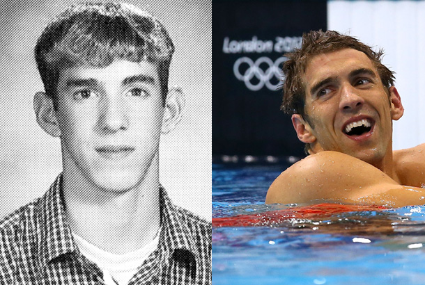 Michael Phelps As a Freshman at Maryland’s Towson High School in 2000 and Michael Phelps in 2012