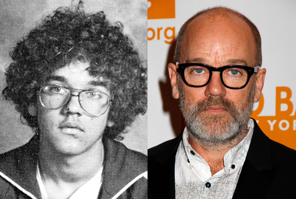 Michael Stipe in his Junior Year photo at Collinsville High School, Collinsville, Illinois in 1977 and Michael Stipe arriving for the Can-Do Awards in New York, New York on April 17, 2012
