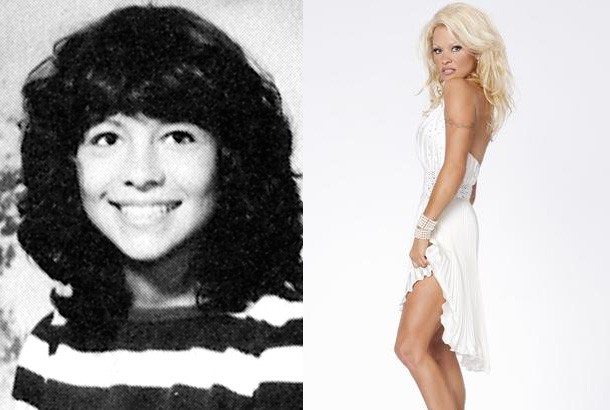 Pamela Anderson as a Sophomore at Highland Senior Secondary in Comox, British Columbia, in 1983 and Pamela Anderson in 2012